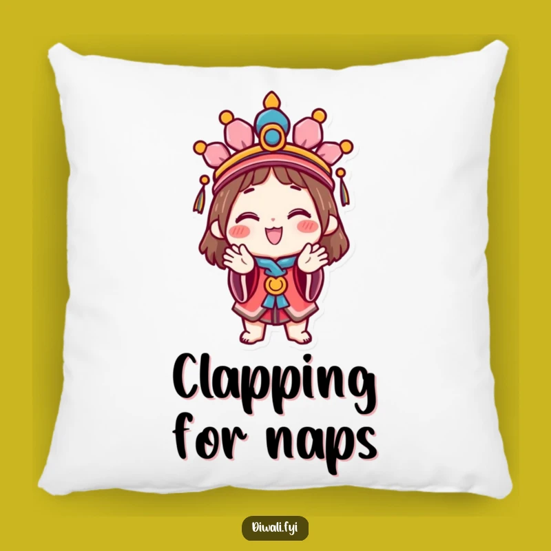 Funny Celebration Character Pillow: Soft pillow with a happy character festive headdress clapping, a cozy funny gift.