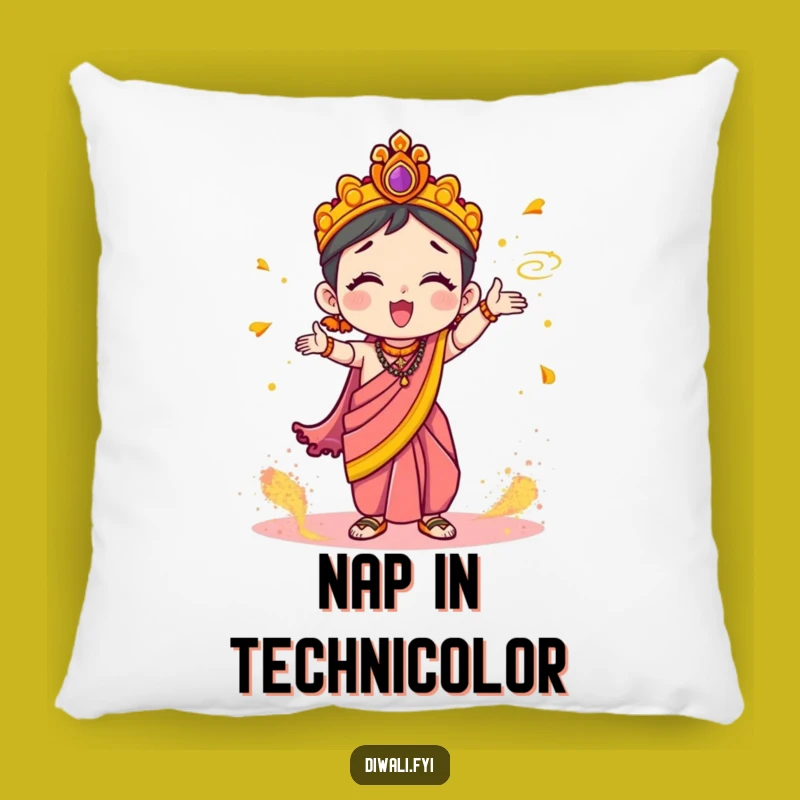Funny Couch Pillow: Cute Character In Sari, Hilarious Holi Powder Toss Comfort Gift
