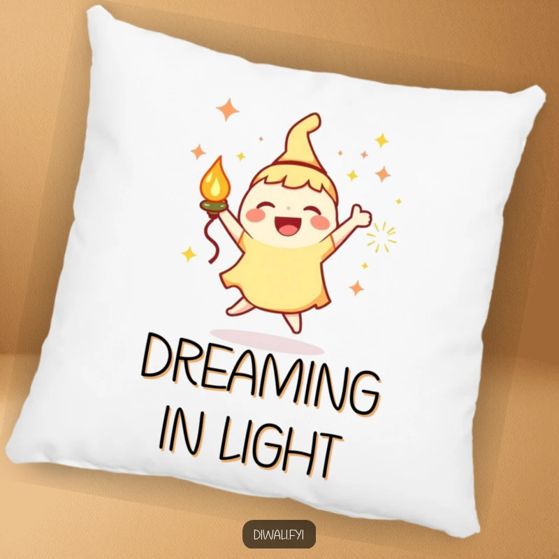 Funny Pillow: Joyous character with a lamp and sparks, dancing happily, perfect for adding cheer to any room.