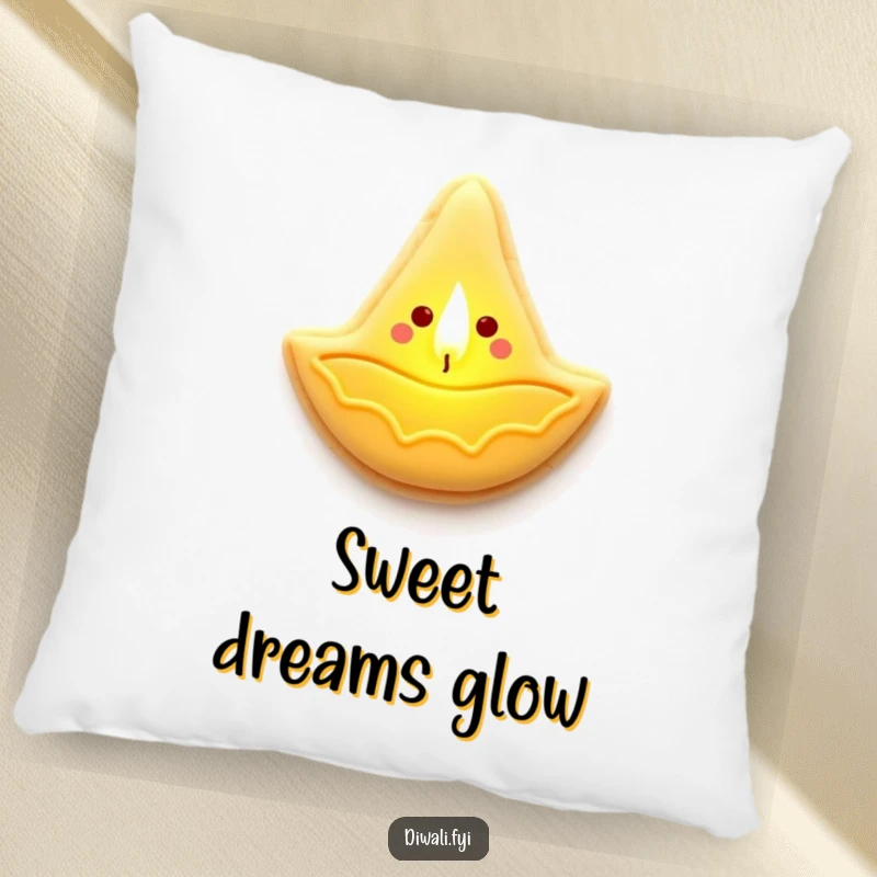 Funny pillow with a sugar cookie diya lamp character shedding a warm, gentle, and comforting golden light.
