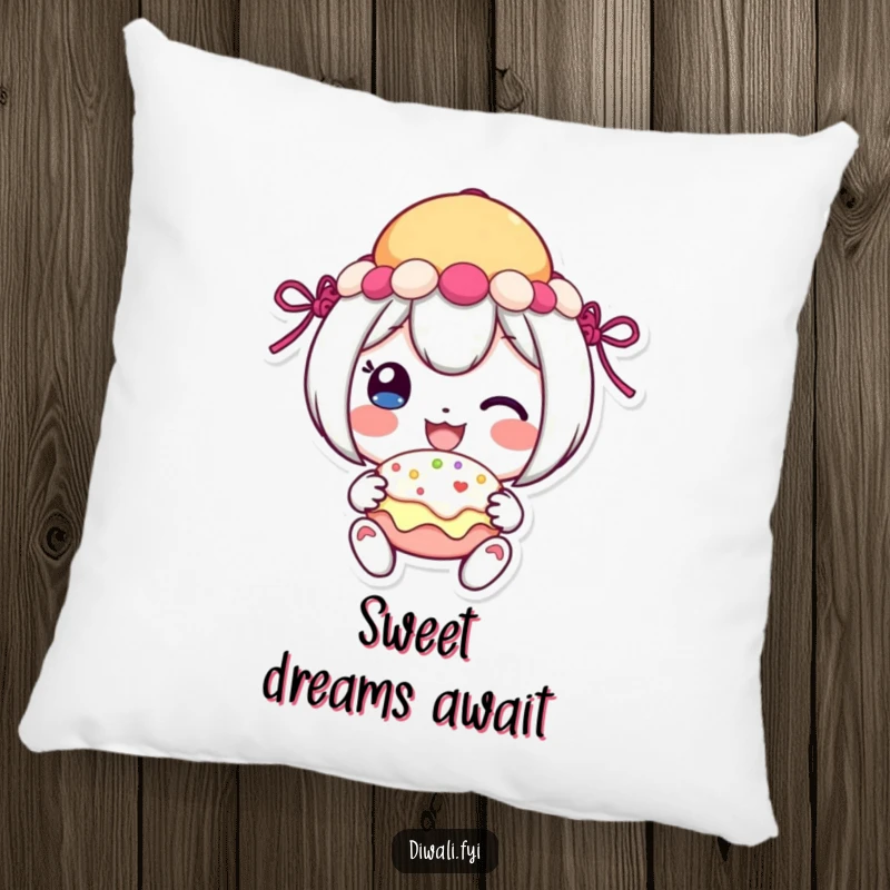 Funny festive sweet pillow featuring a cheerful character sharing a sweet with a smile, a soft and charming accent piece.