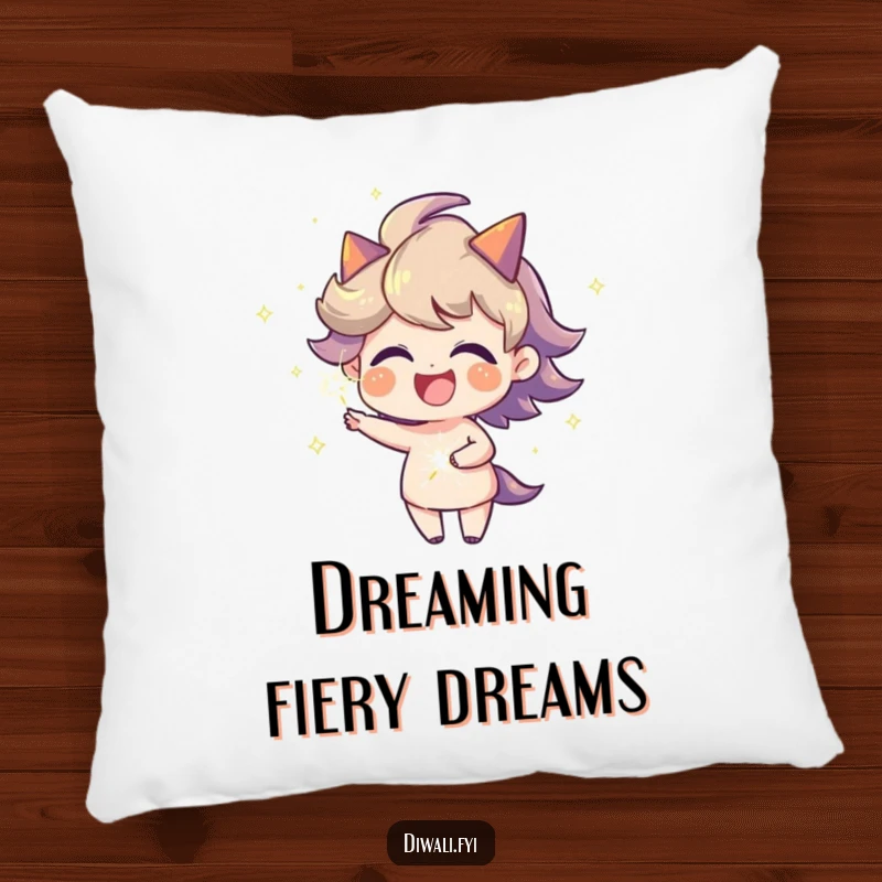 Funny joyful character with a fiery aura spinning a sparkler on a pillow, offering comfort and a dose of festive, humorous warmth.