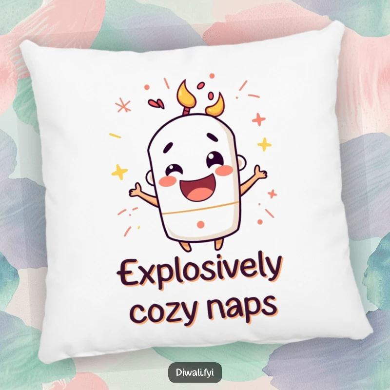 Funny pillow showcasing a mischievous firecracker character popping with happy excitement, offering comfort and a touch of playful energy.