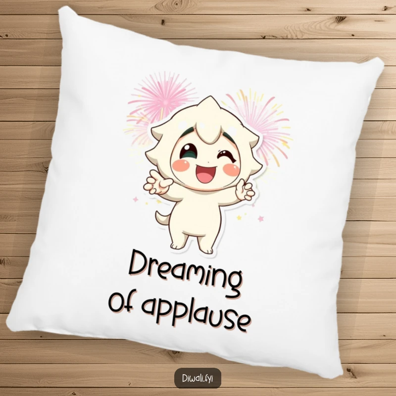 Funny fireworks pose pillow featuring a smiling character striking a pose with fireworks, a soft and festive accent piece.