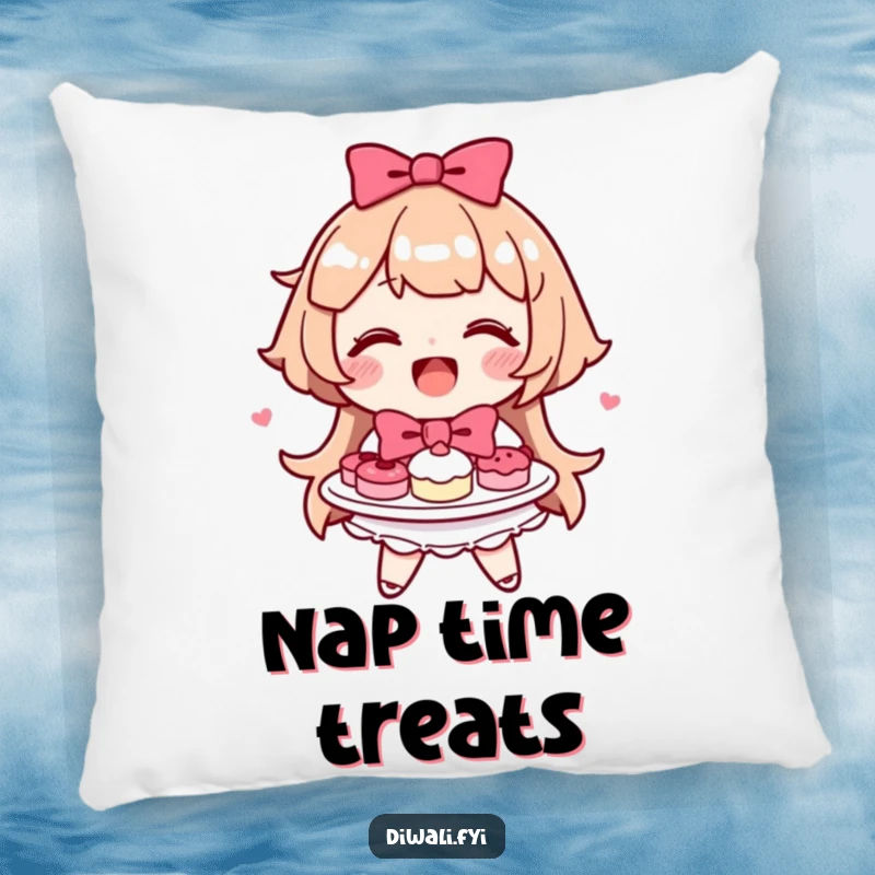 Funny happy character smiling, offering a plate of sweets with a bow, soft and plush.