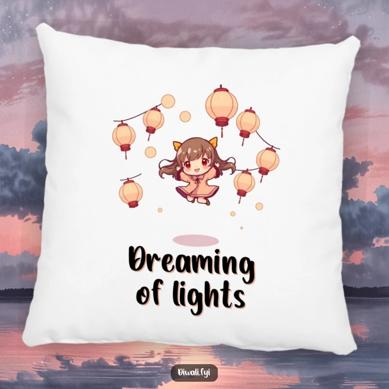 Funny pillow, character playfully jumping and twirling, amidst floating lanterns, soft and whimsical home decor.