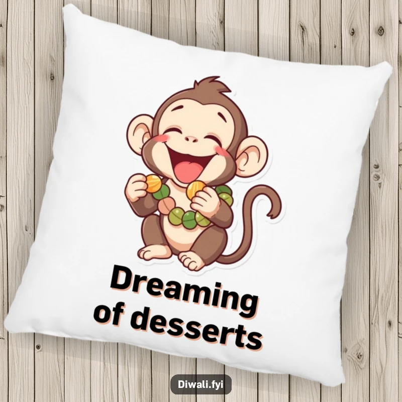 Funny pillow featuring a laughing monkey wearing a garland, playfully reaching for a tiny sweet, providing cozy comfort with a humorous touch.