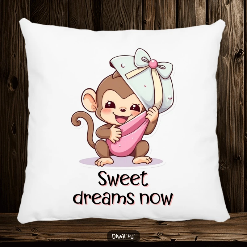 Funny pillow showcasing a playful monkey eagerly unwrapping a large, shimmering sweet, perfect for cozy, joyful moments.