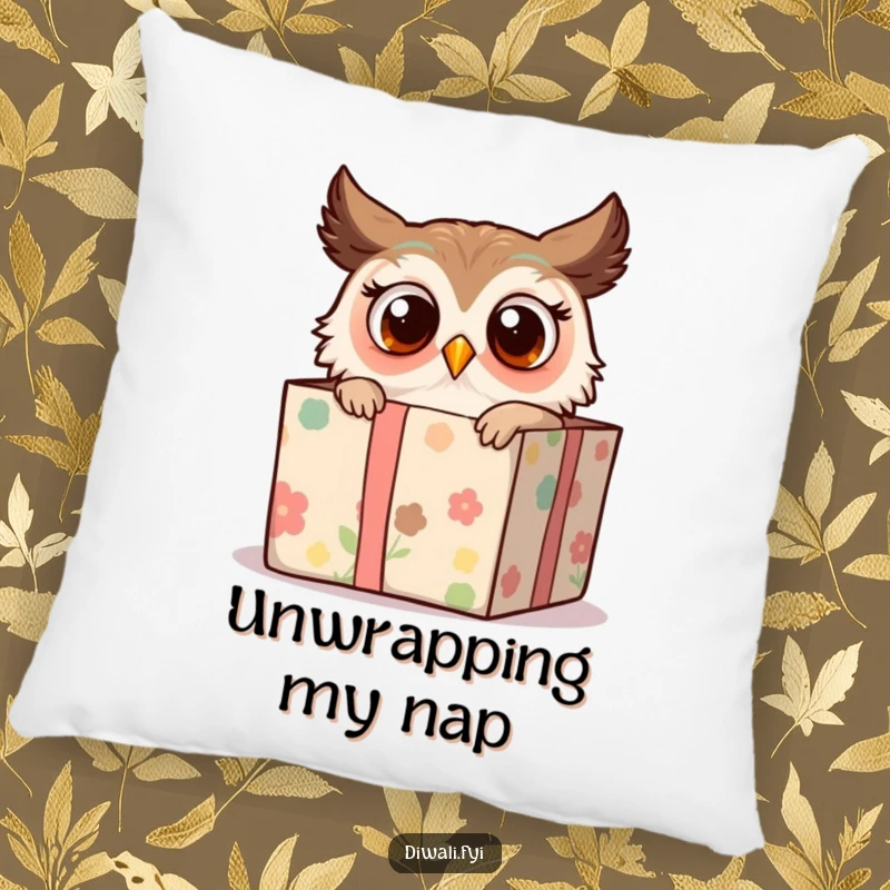 Funny pillow featuring a surprised owl peeking from a decorated gift box, providing cozy comfort with a whimsical and humorous touch.