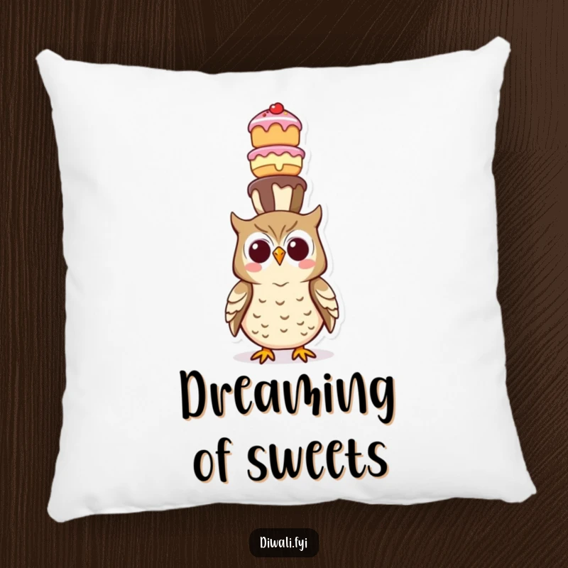Funny pillow showcasing a happy owl with a large, teetering tower of assorted sweet treats balanced perfectly on its head.