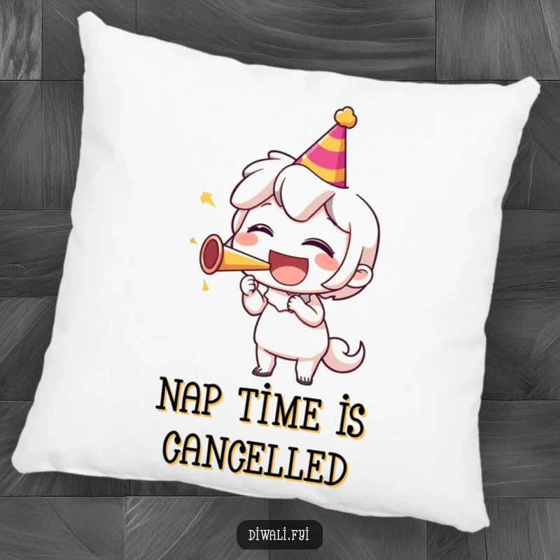 Funny pillow showcasing a character’s joyful laughter as they blow a party horn, adding a cozy and humorous touch to any room.