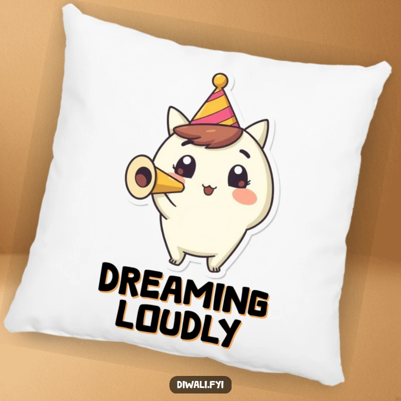 Funny Party Horn Pillow: A happy character blows a party horn with wide eyes, adding a touch of festive cheer.