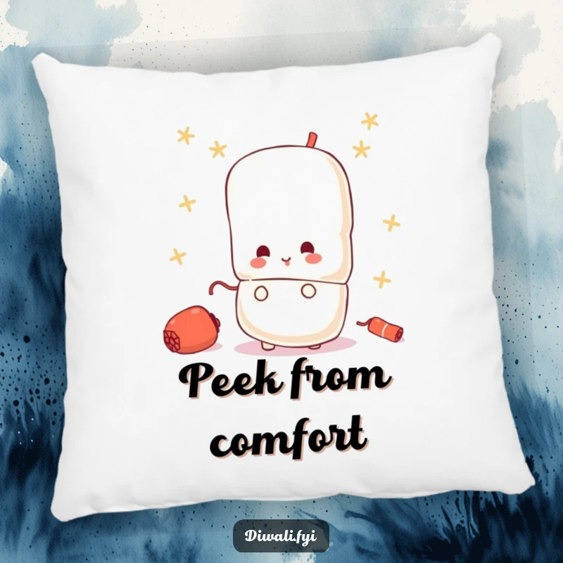 Funny pillow with a small, curious firecracker character peeking from behind a larger one, offering soft comfort.