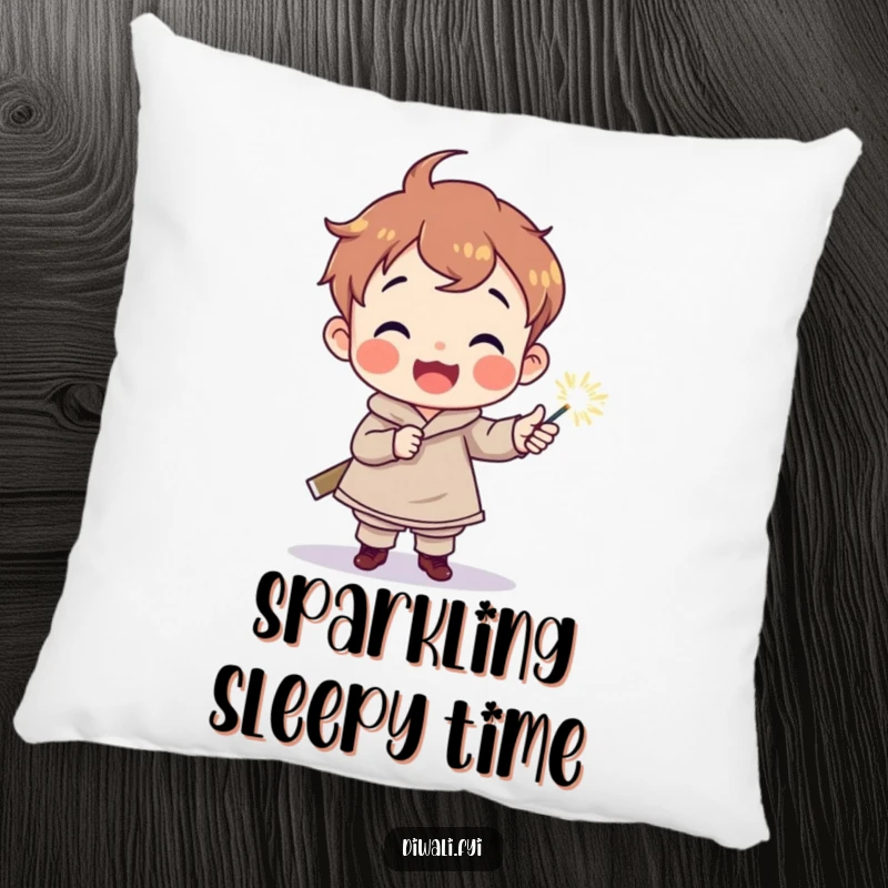 Funny pillow showcasing a delighted child character holding a sparkler torch, offering comfort and a touch of soft, magical enchantment.