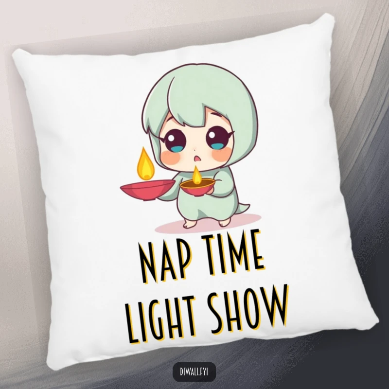Funny Surprised Diya Pillow: Soft cushion with a character with a surprised expression holding a diya lamp. Perfect funny gift.