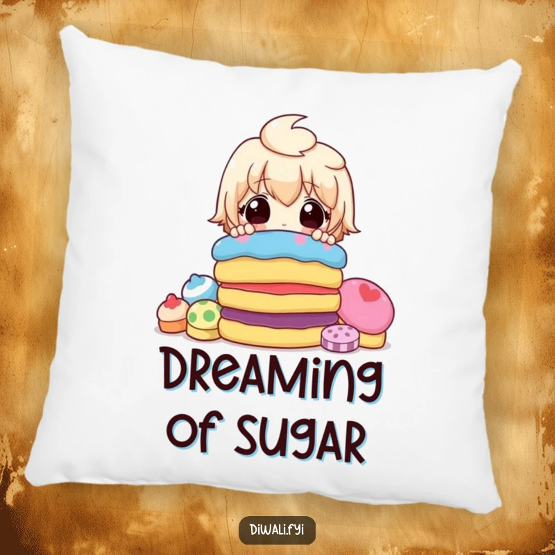 Funny pillow featuring a cute character peeking with surprise over a heap of colorful, delicious-looking sweets, perfect for a cozy nook.