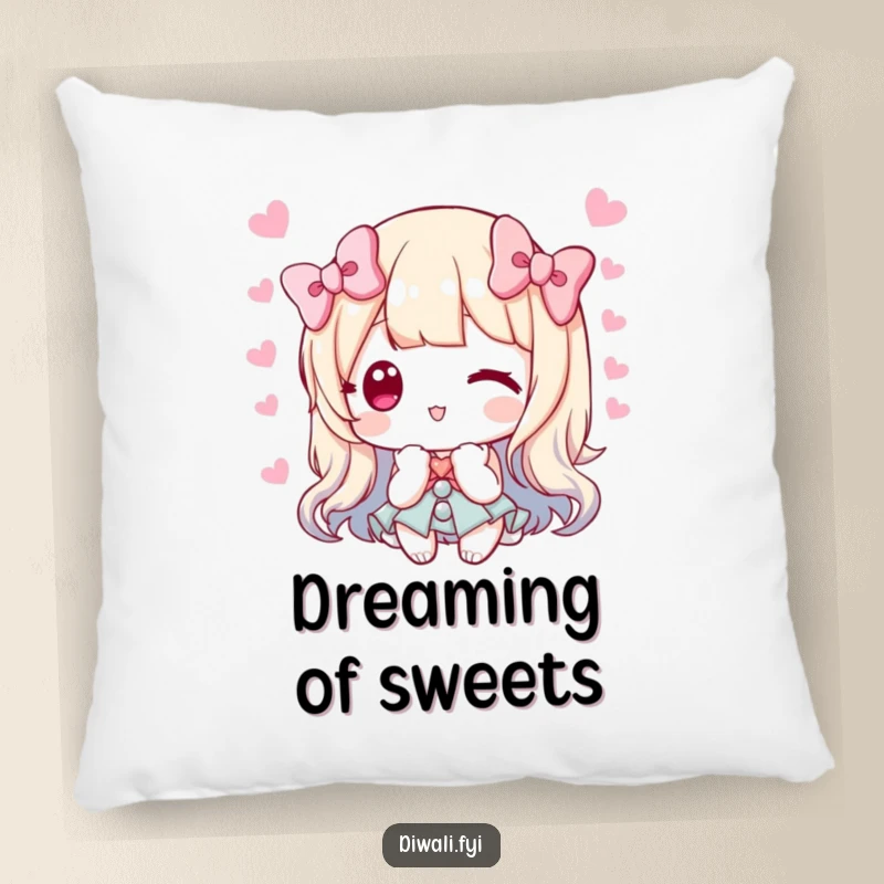 Funny pillow design with a character offering sweets and bowing, providing comfort and a symbol of generosity.