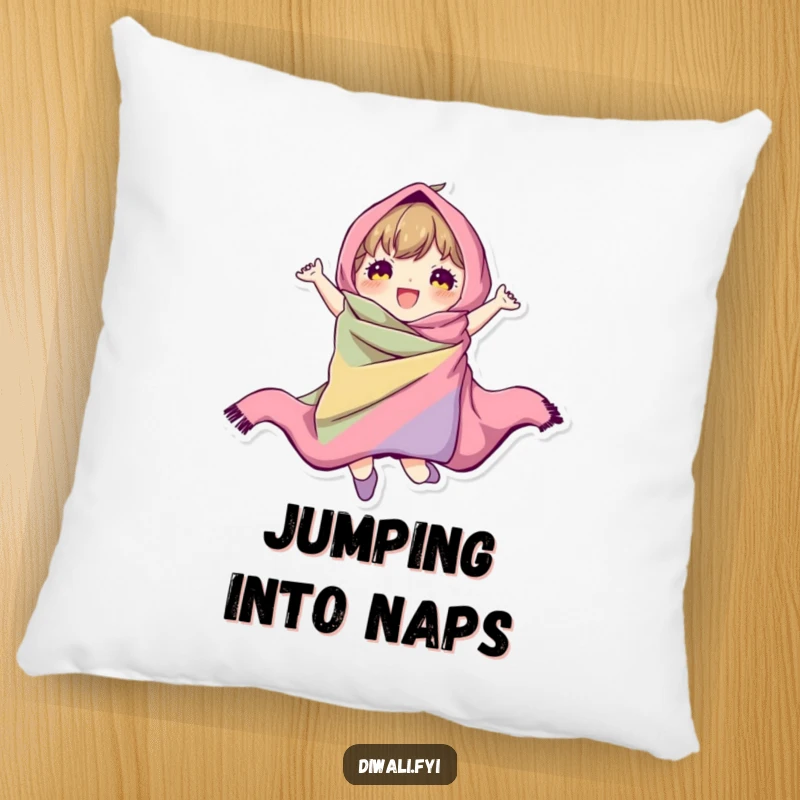 A character humorously captured mid-jump, draped in colorful, flowing fabric, designed for cozy, energetic decoration.