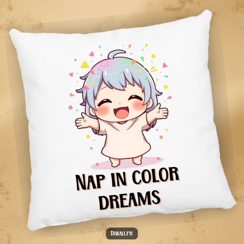 Funny Powder Scatterer Pillow: Soft cushion with a character joyfully scattering colorful powder. Perfect funny gift.