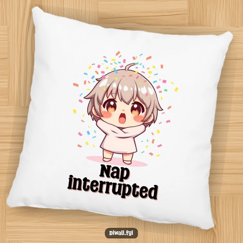 Funny pillow design of a character reacting with surprise to a sudden explosion of colorful confetti, adding festive cheer.