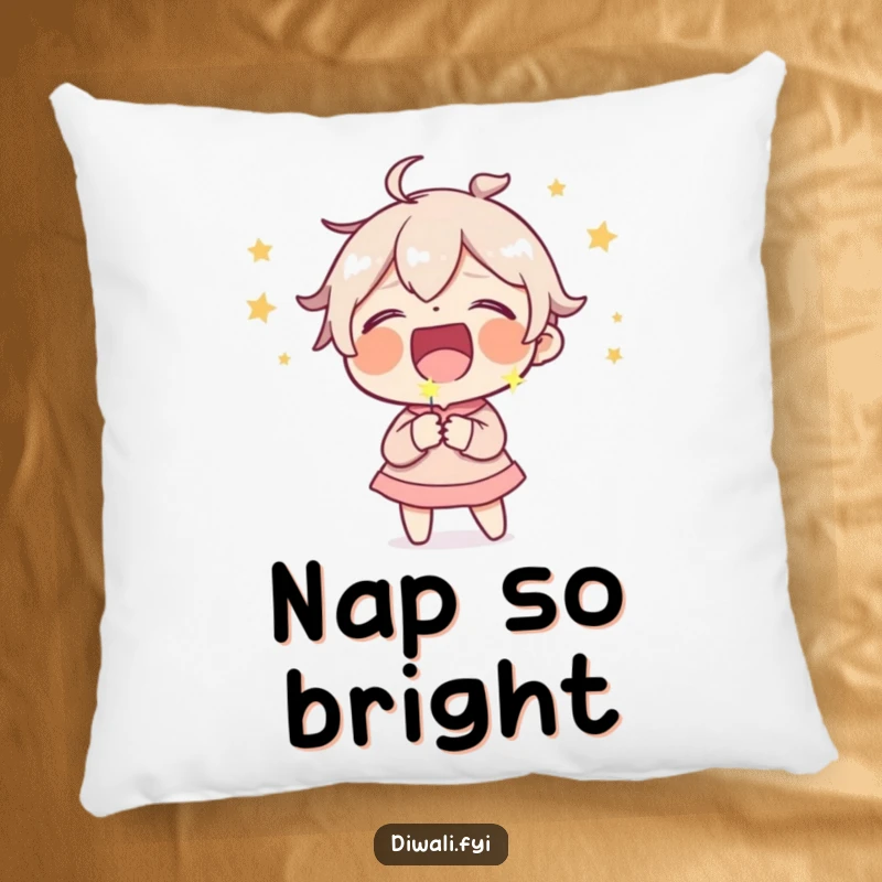 Funny pillow design showing a character joyfully laughing, holding a small effervescent sparkler that adds to the comedic scene.