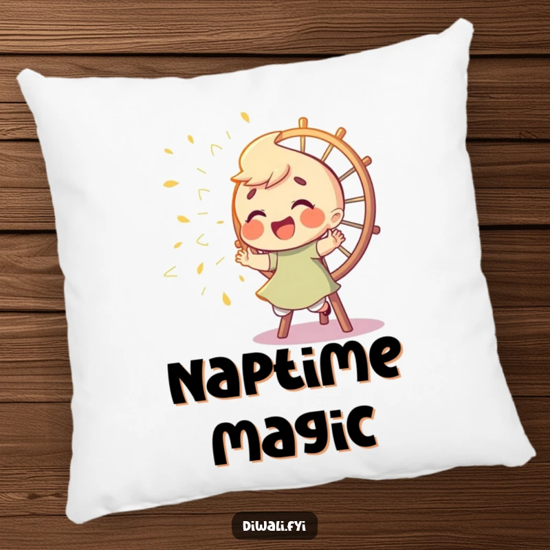 Funny pillow featuring a giggling character playfully chasing sparks from a Catherine wheel, offering comfort and a touch of dazzling humor to any room.