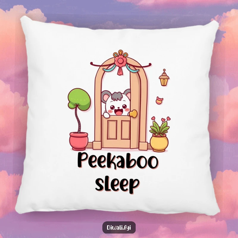 Funny Pillow: A curious character peeks with excitement from behind a decorated door, offering comfort.