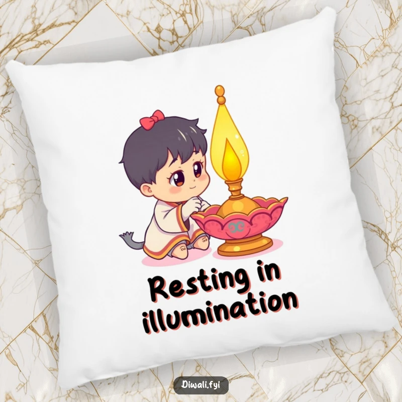 Funny pillow featuring a curious character captivated by a decorated, lit diya lamp, bringing comfort and whimsical art.