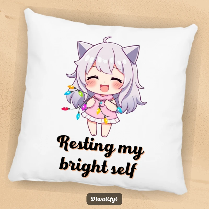 Funny pillow with a character sporting a joyful smirk, playfully entwined with a string of colorful lights.