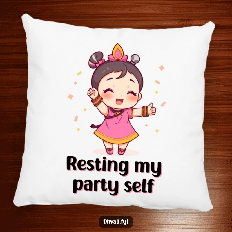 Funny pillow with a small character wearing festive bangles, striking a celebratory pose, adding comfort and cheer.