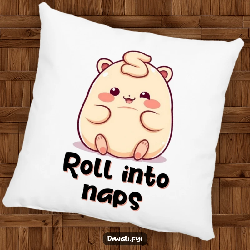 Funny pillow with a giggling ladoo character rolling playfully, bringing soft comfort and sweet cheer.