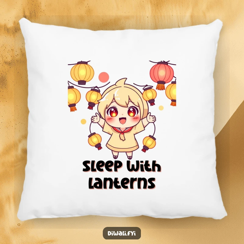 Funny pillow showing a playful character with excited eyes, juggling glowing lanterns, perfect for cozy nights.