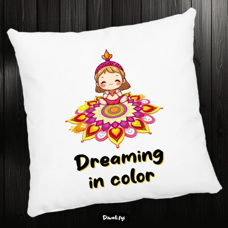 Funny rangoli pillow featuring a delighted character decorating a colorful rangoli pattern with vibrant powder, perfect for soft comfort.