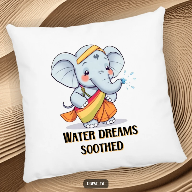 Funny pillow featuring a happy elephant in a colorful sari, playfully spraying water, adding a touch of comforting cheer and humor.