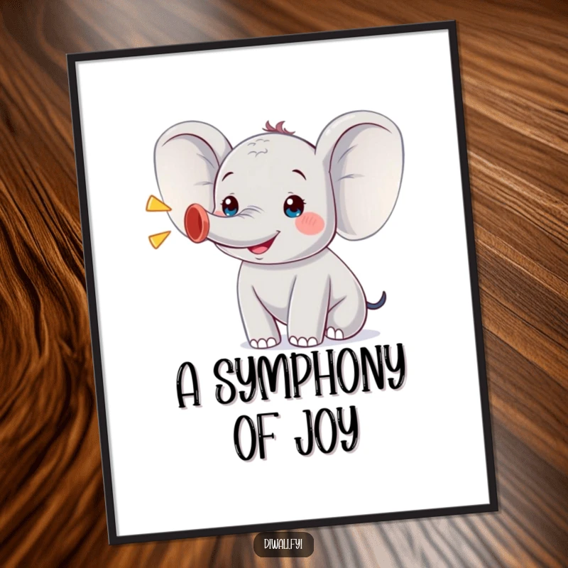 Funny digital art print of a small, ecstatic elephant character gleefully trumpeting, offering instant downloadable joy and humor for wall decor.