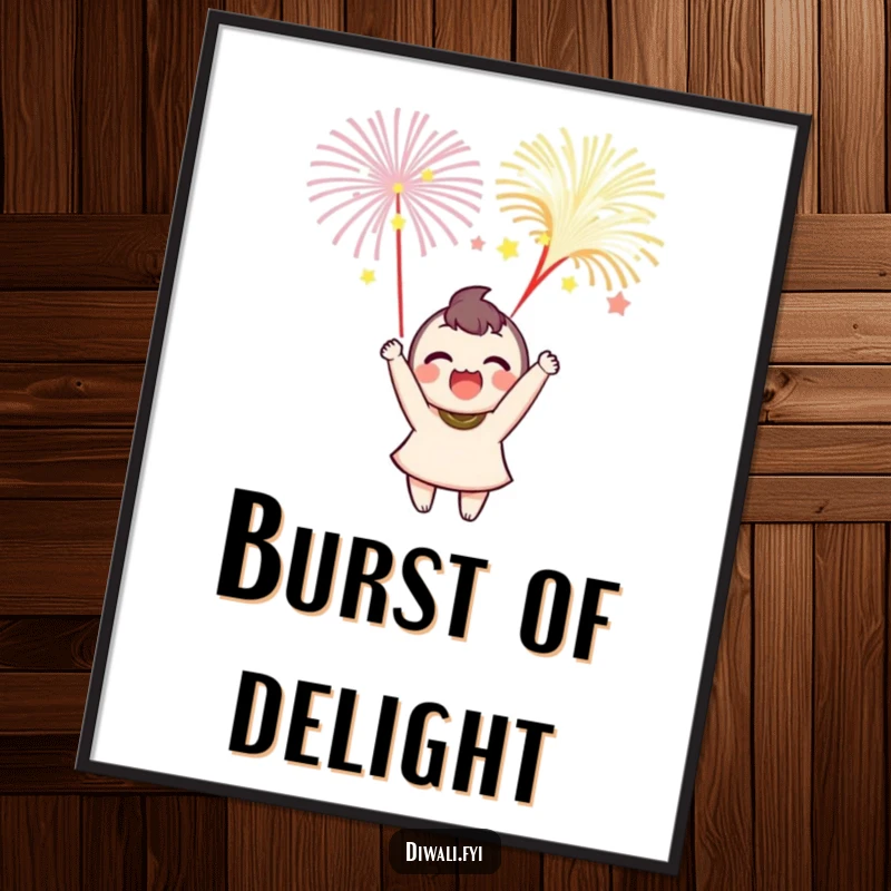 Funny digital art print of a delighted character launching small, colorful fireworks, creating a vibrant and joyous atmosphere.