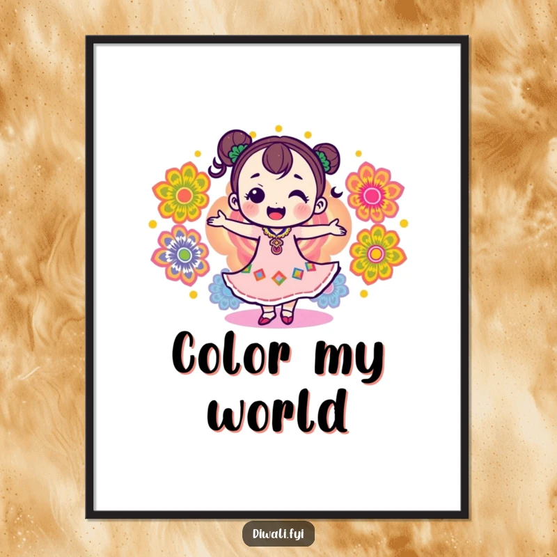 Funny digital art print of a delighted character dancing with colorful rangoli patterns, bringing instant festive humor.