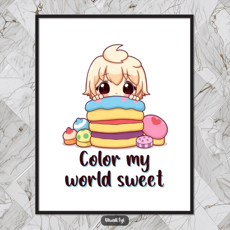 Funny digital art print of a cartoon character surprised by a large stack of vibrant, delicious sweets, ready to be framed.
