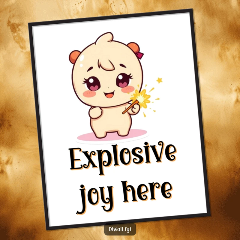 Funny Digital Art Print: Happy character with sparkly eyes, holding a firecracker, embodying festive excitement.