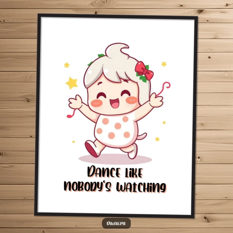 Funny digital art print of a character doing a happy shuffle dance surrounded by festive decorations, capturing pure celebration.