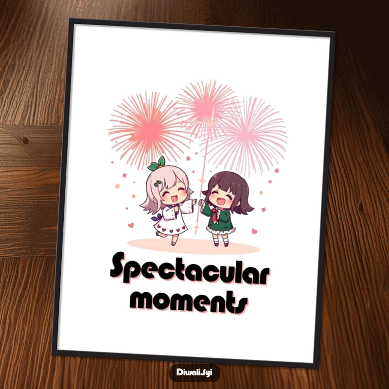 Funny digital art print of a cheerful character and friend sharing a spectacular fireworks display, capturing the essence of joy, friendship, and celebration.