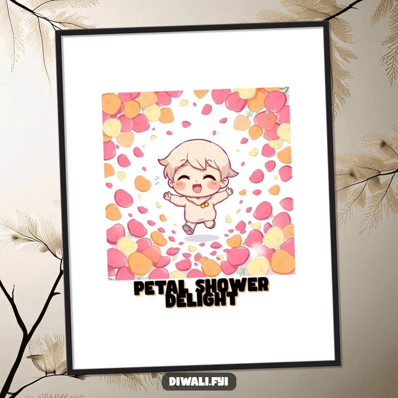 Funny Giggling Character Digital Art: A giggling character runs through a vibrant shower of colorful petals, creating a joyful and humorous image.