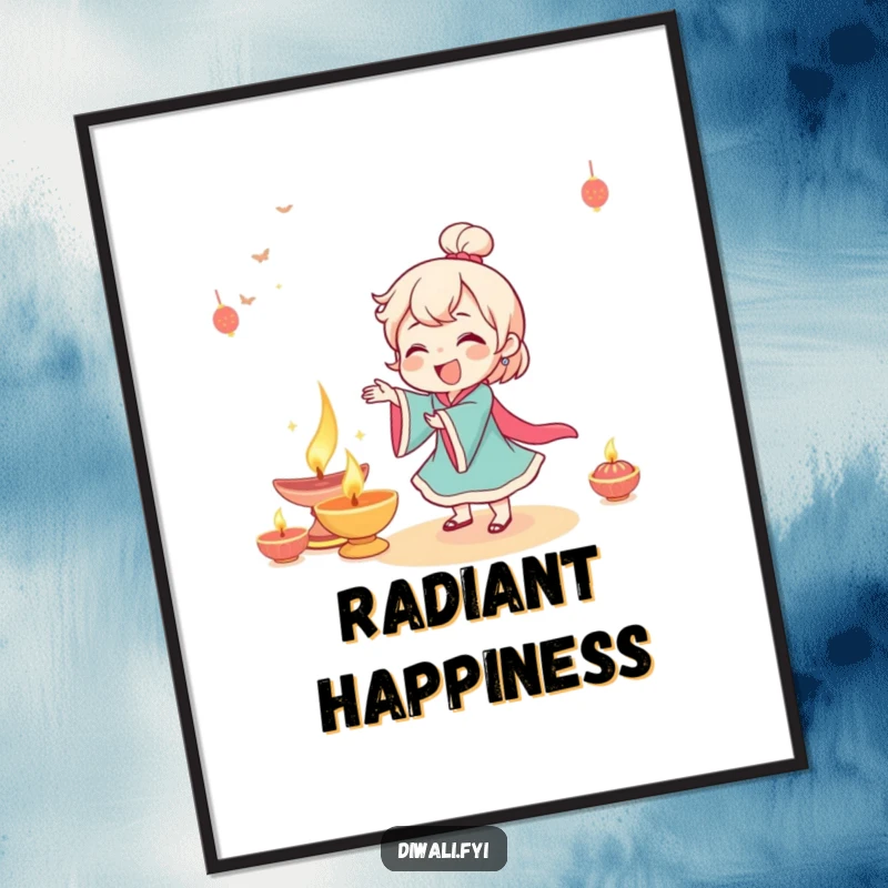 Funny character giggling and dancing joyfully beside a beautifully lit diya for a festive display.