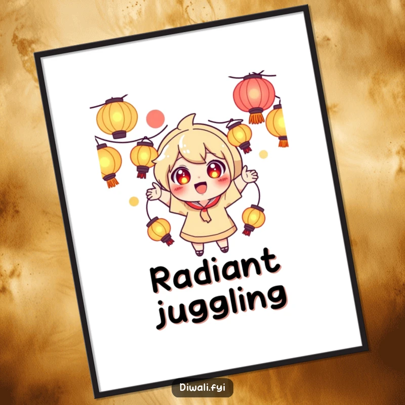 Funny digital art print of a playful character with excited eyes, juggling glowing lanterns, ideal for magical decor.