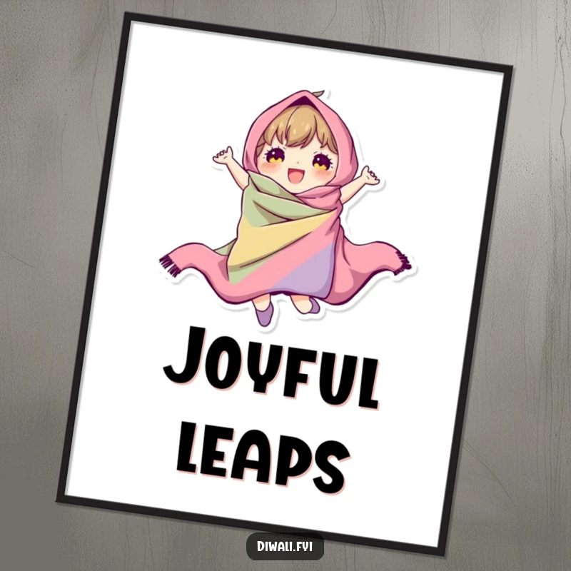 A character humorously jumping, wrapped in colorful fabric, depicted in a digital art print, ready for instant download.