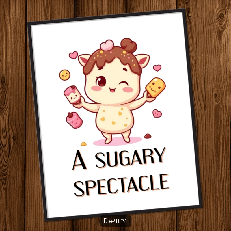 Funny digital art print of a character juggling mithai, offering instant downloadable sweetness and festive humor for wall decor.