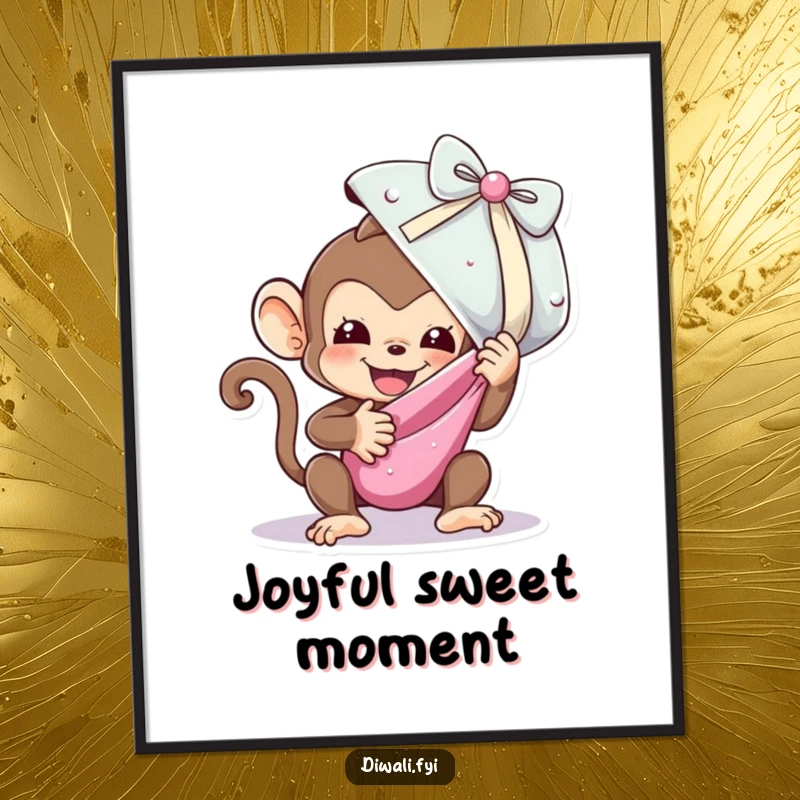 Funny digital art print of a playful monkey ecstatically unwrapping a huge, sparkling sweet, perfect for joyful decor.