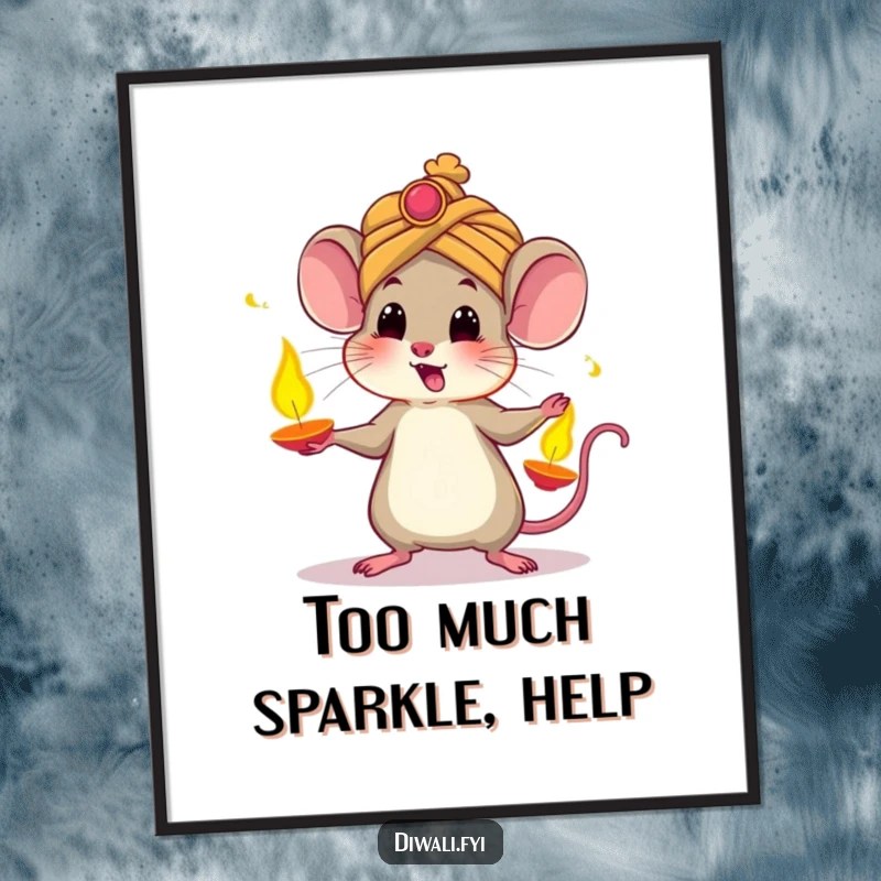Funny digital art print of a startled mouse in a turban, hilariously juggling glowing diyas, capturing the vibrant, joyful essence of Diwali.