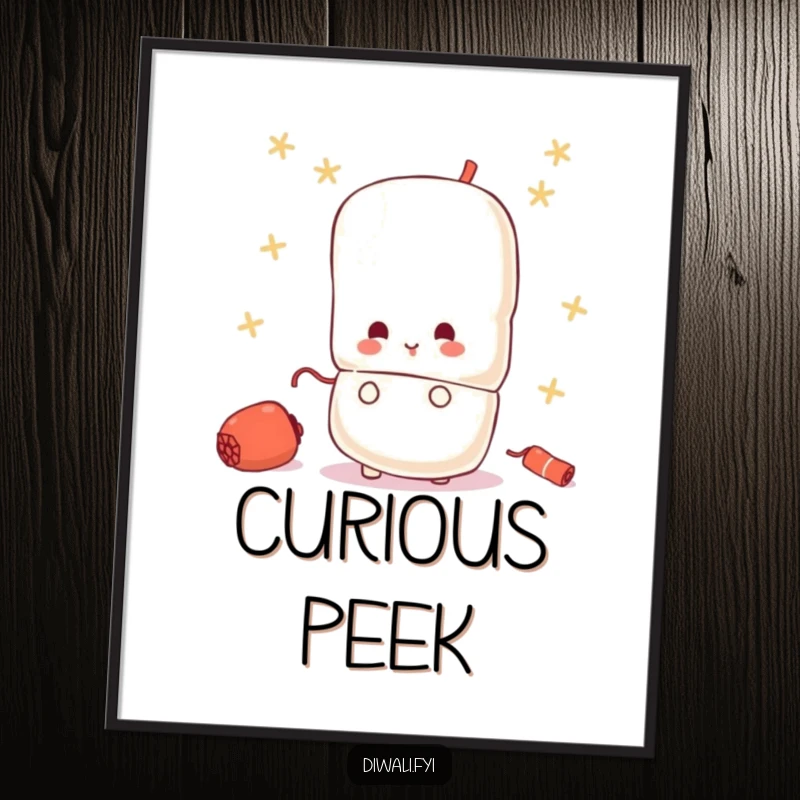 Funny digital art print of a small, curious firecracker character peeking from behind a larger one, full of mischief.