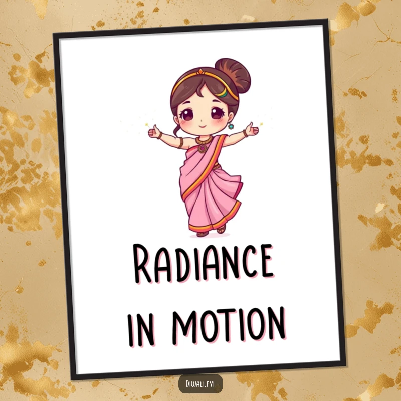 Funny digital art print of a cute character in a sari, dancing with sparklers, for instant wall decor.